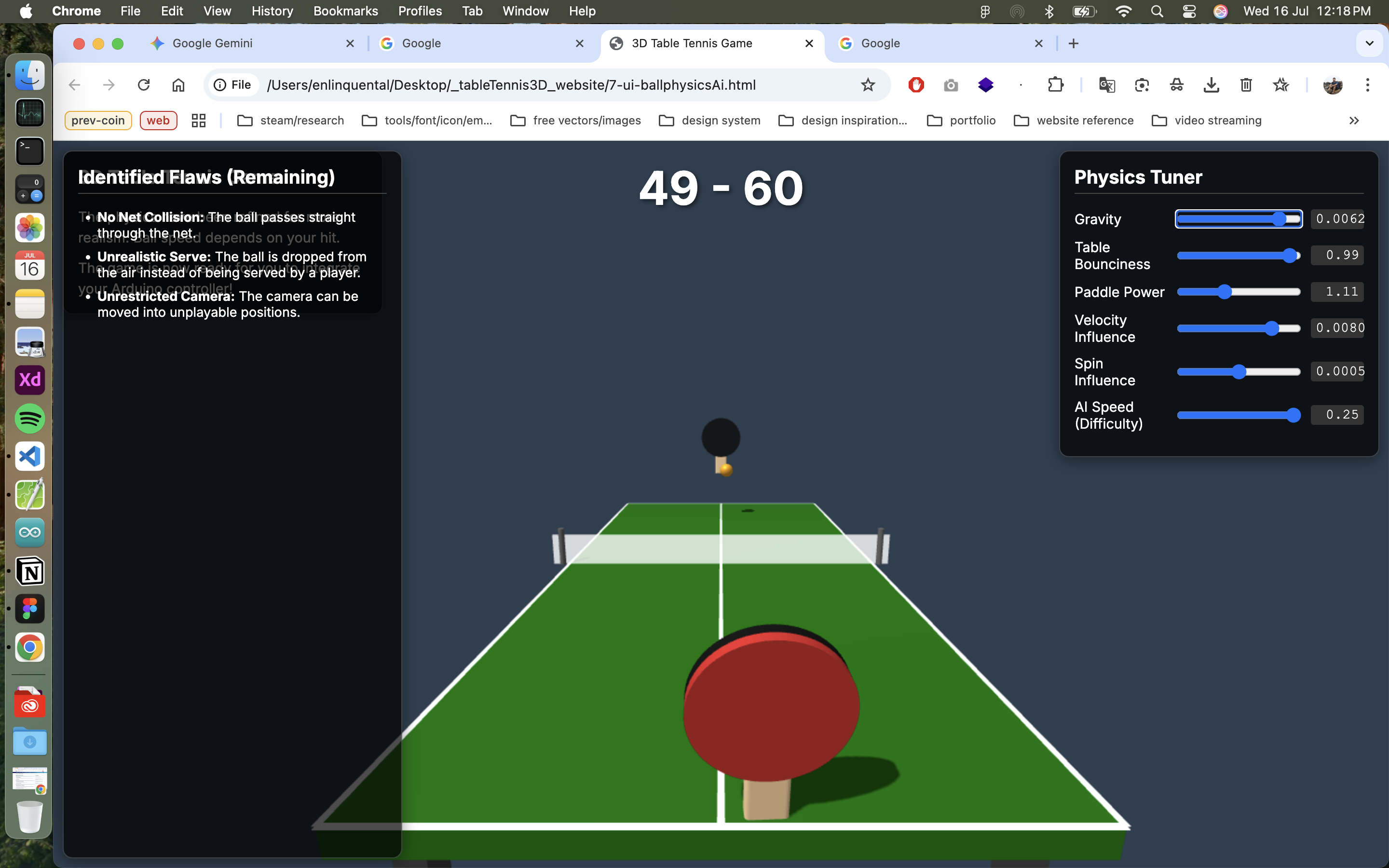 3D Table Tennis — identified flaws panel