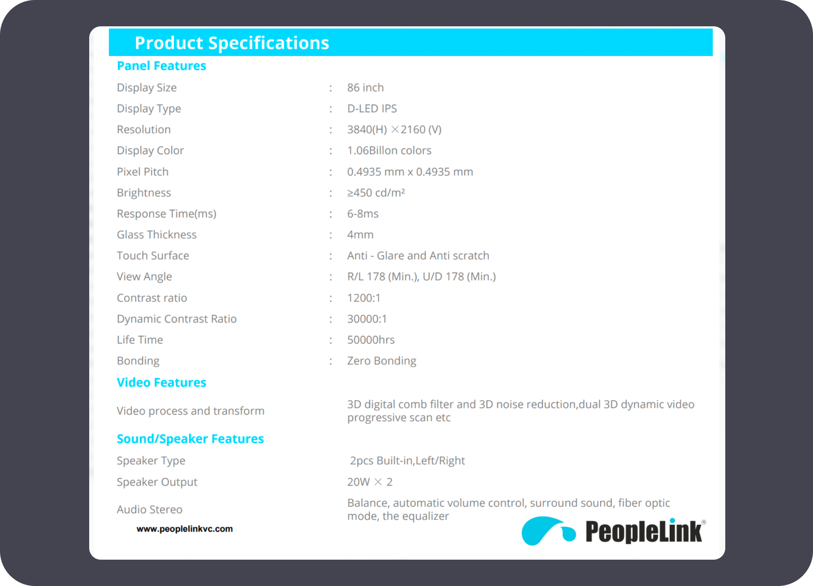 PeopleLink interactive display specification sheet referenced during the McJio TV demonstration