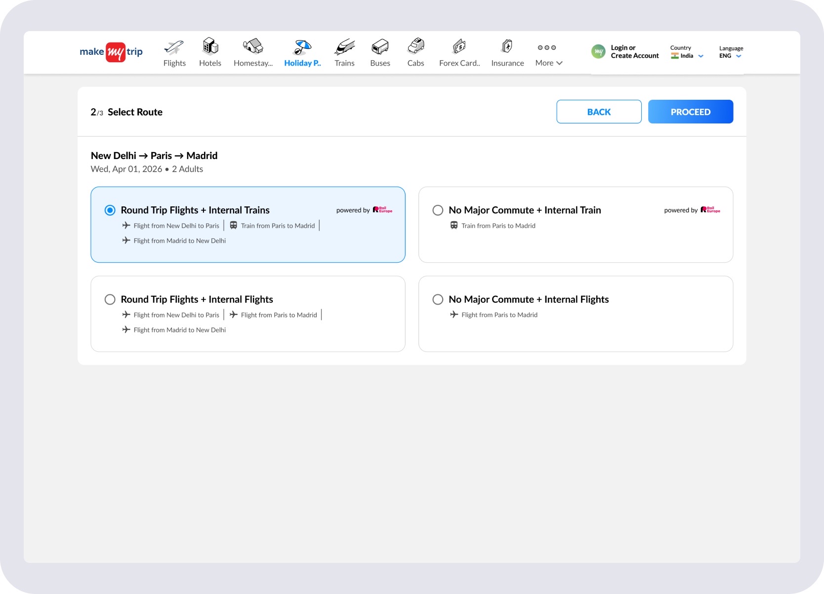 HE DIY Select Route step showing Round Trip Flights plus Internal Trains option selected
