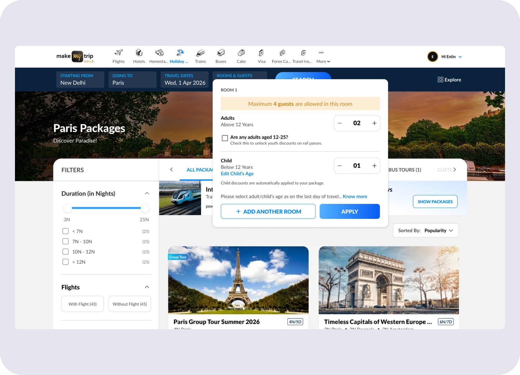 Paris Packages listing page Rooms and Guests panel showing Are any adults aged 12 to 25 prompt for European rail