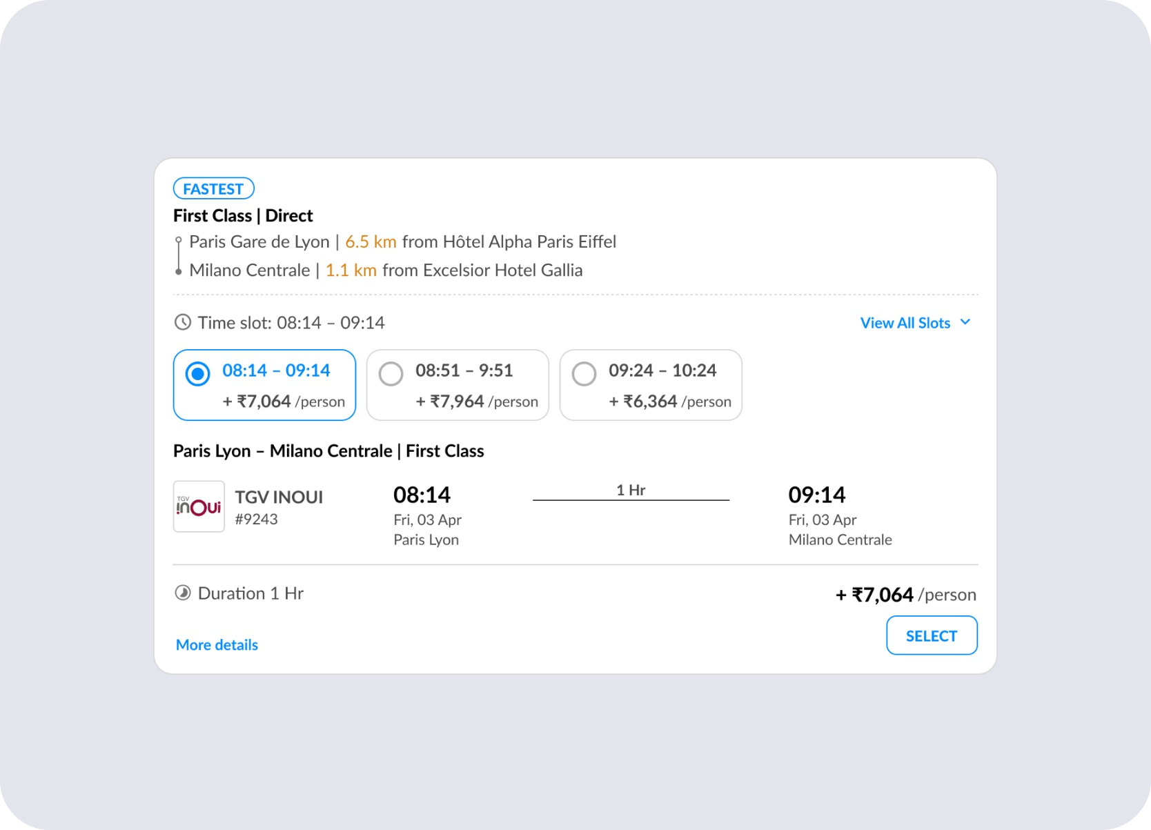 Direct journey comparison card showing selectable time slots, price deltas, and expanded journey details