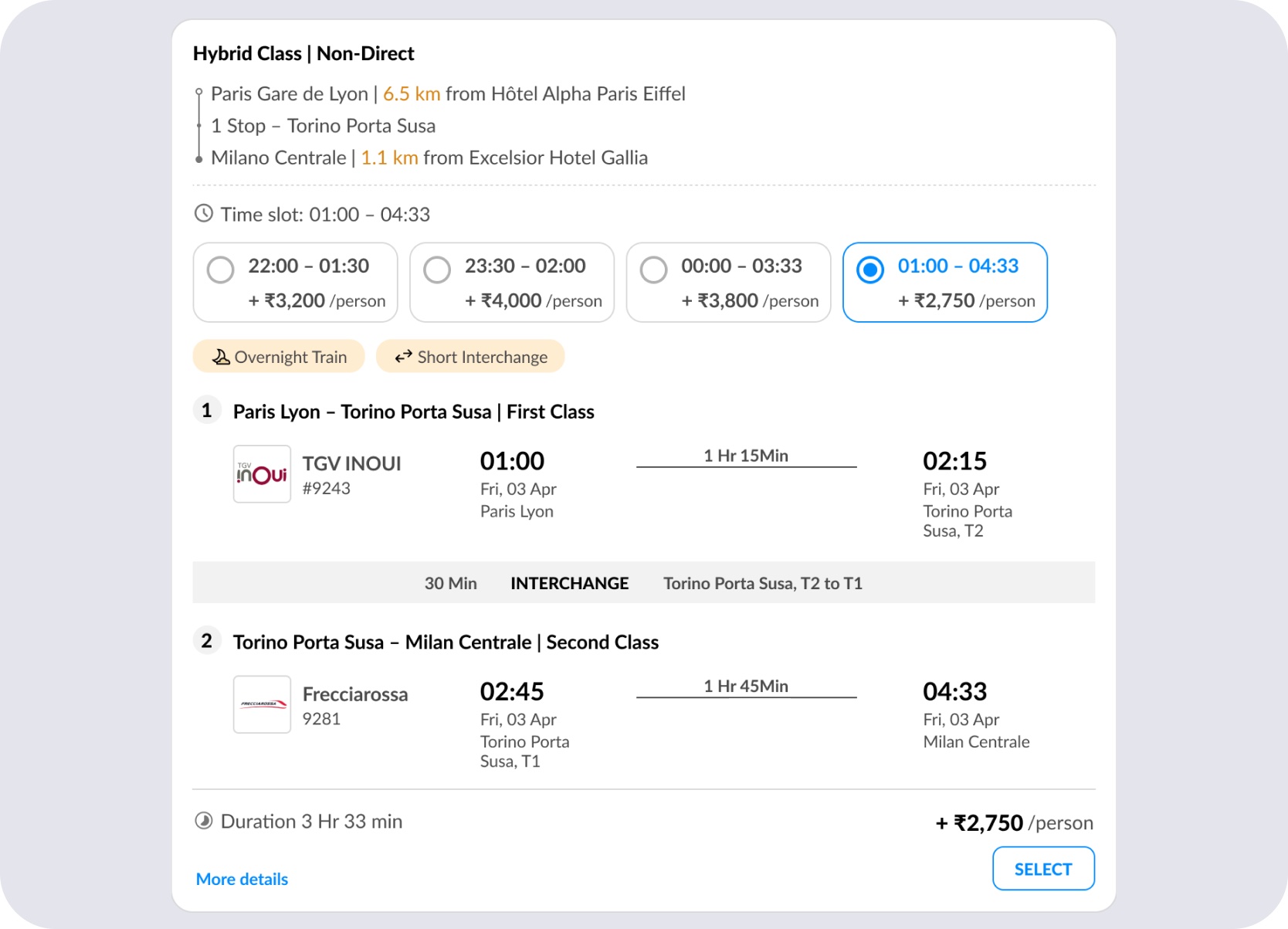 Hybrid-class journey card showing first-class and second-class legs across one route
