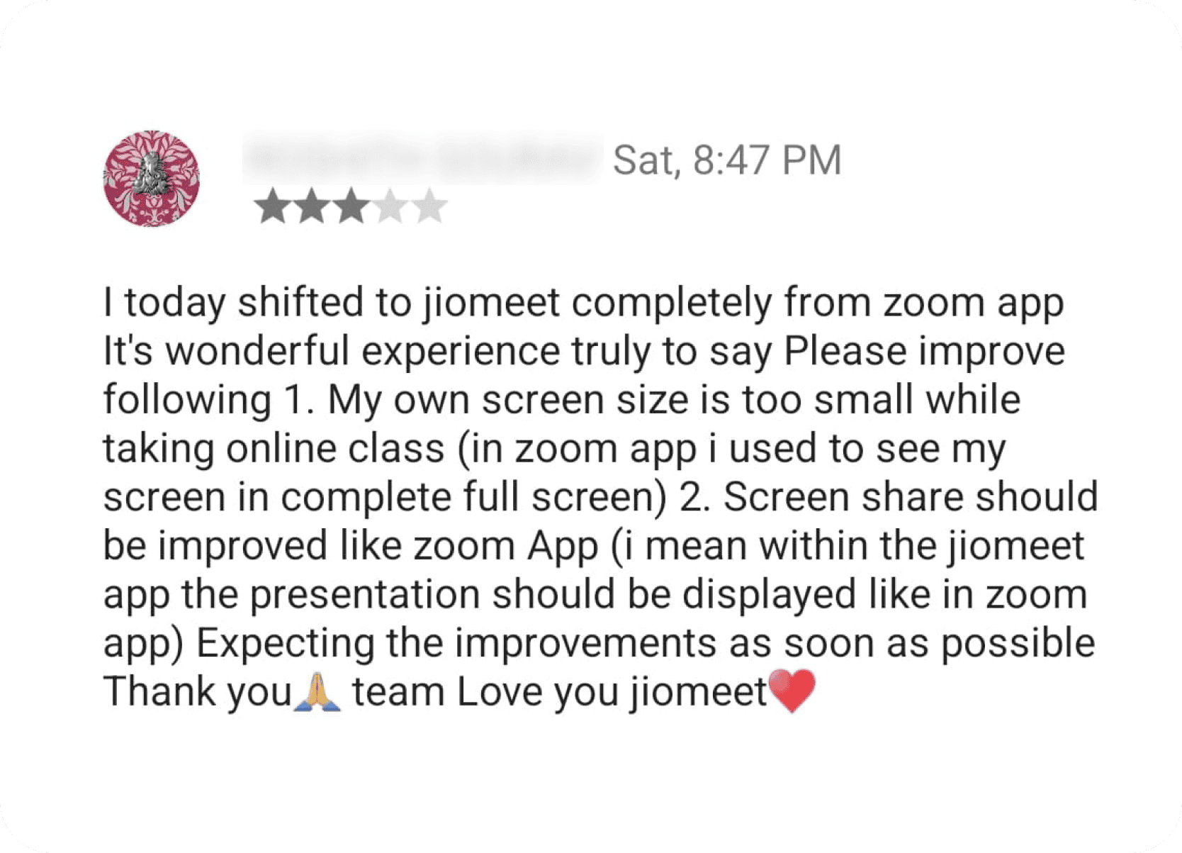 Original educator feedback on JioMeet PIP and screenshare
