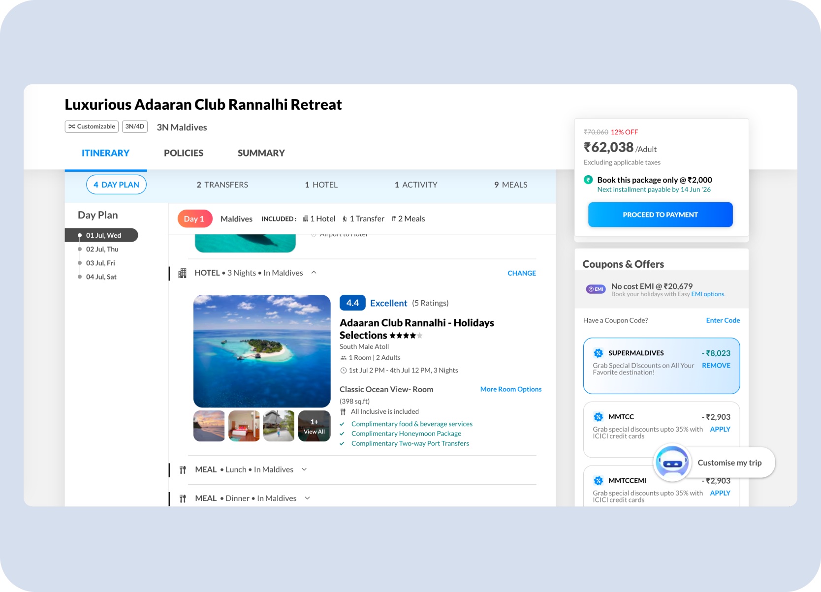 Existing Holidays package and hotel context