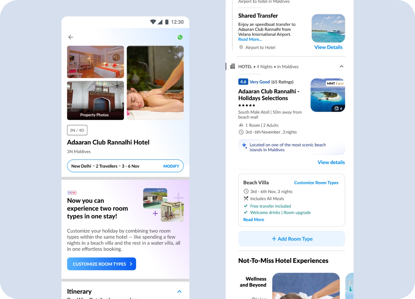 Mobile entry points for Split Stay on the package page and hotel block