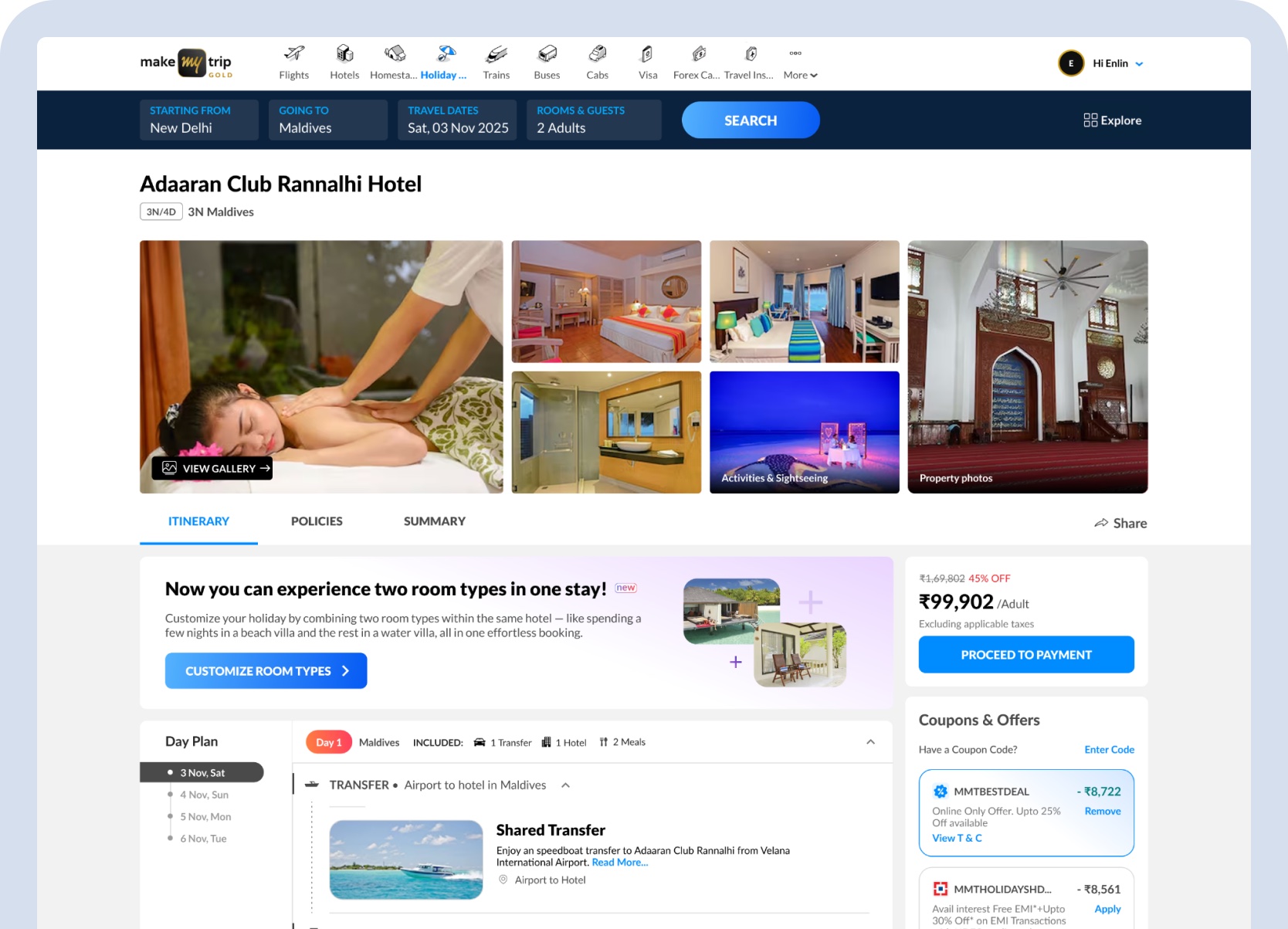 Split Stay itinerary — day-wise room sequence