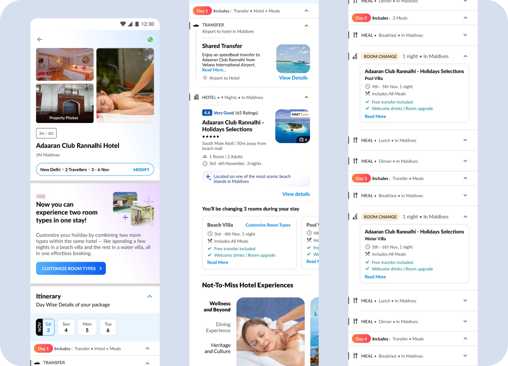 Split Stay review on mobile — room sequence, charges, and booking summary