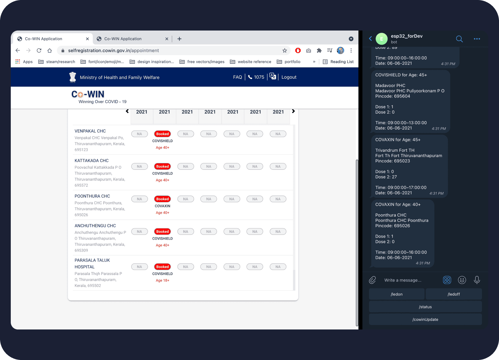CoWIN bot screenshot